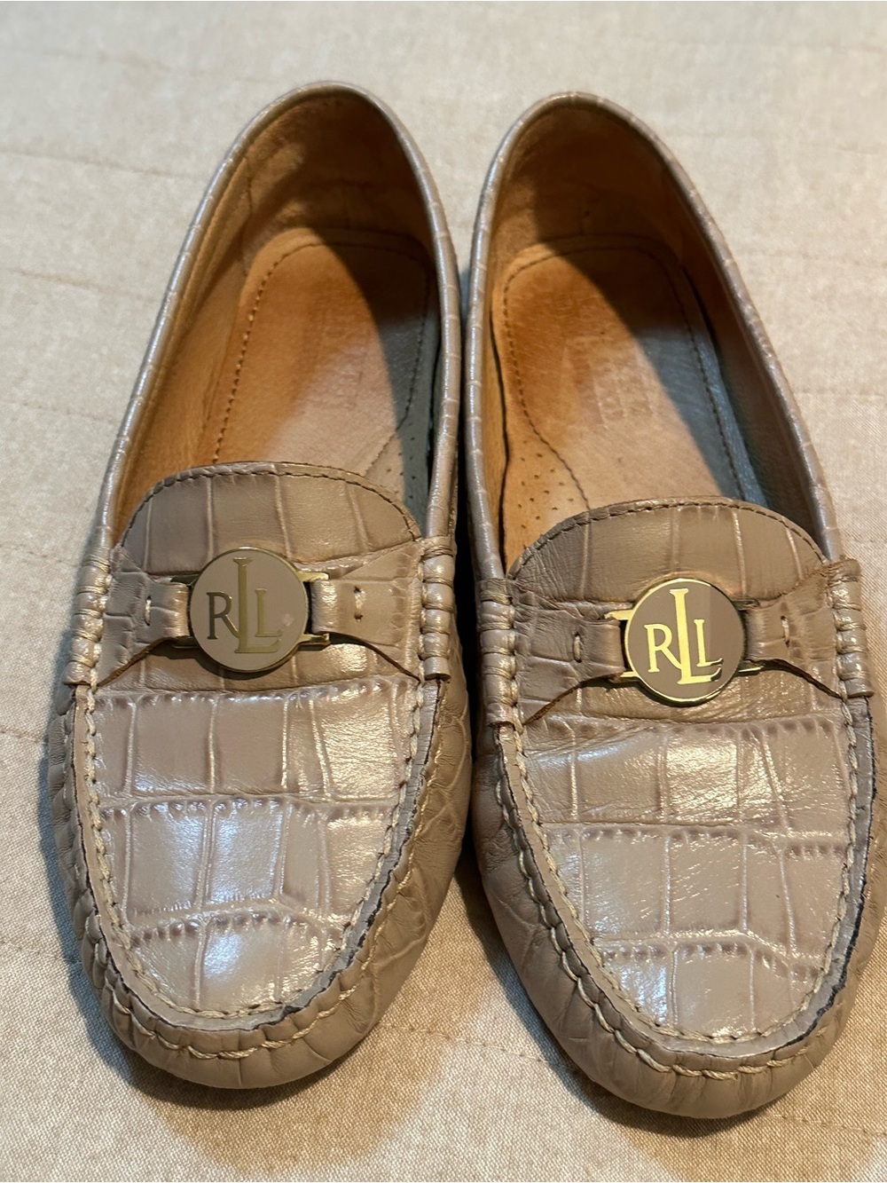 Ralph Lauren Taupe Croc-Embossed Leather Loafers with Gold RL Medallion